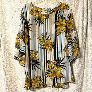 Sheer Blue and White Striped Tunic with Yellow Florals